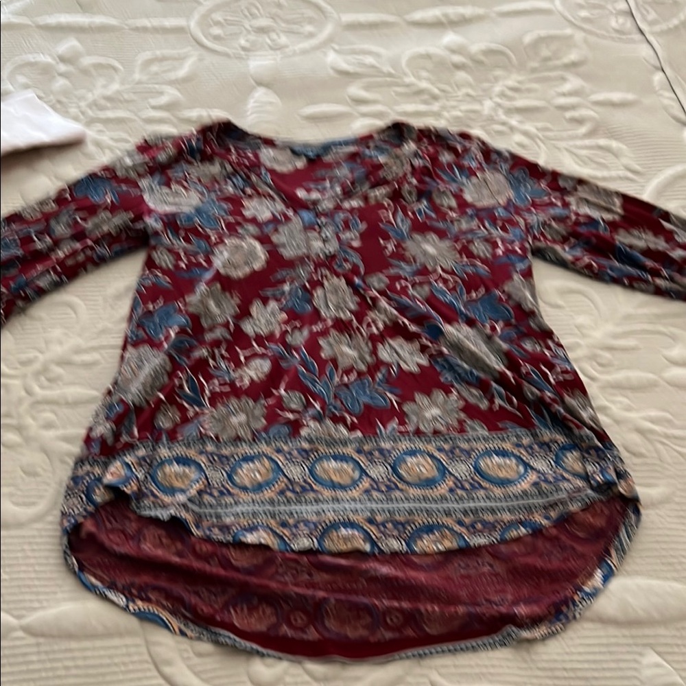 Lucky Brand Asymmetrical Red and Blue Blouse